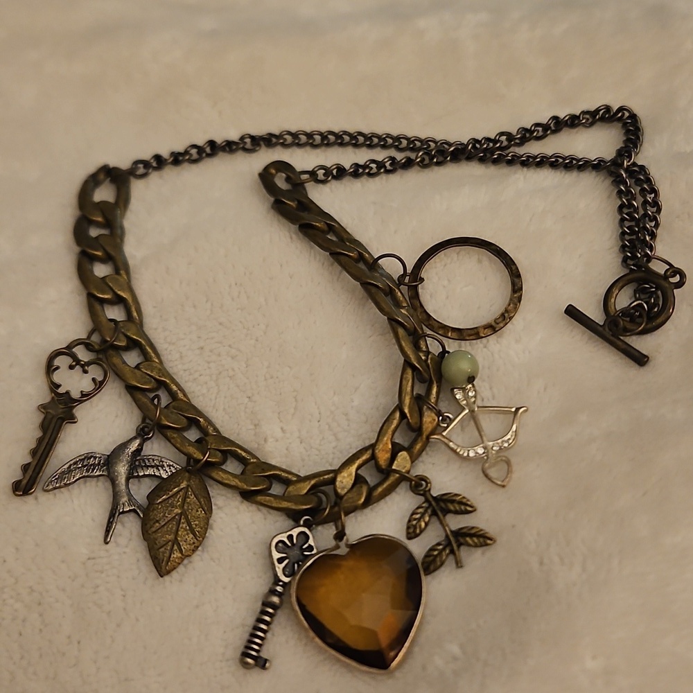 Vintage Bronze Heart Key Bird Leaves Charm Boho Chain Necklace - Picture 8 of 8
